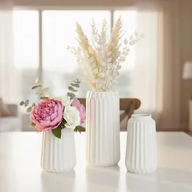 Relaxdays Vasen 3er Set, Blumenvasen, 3 versch. Größen, Frisch- & Trockenblumen, Dekovase aus Keramik, weiß