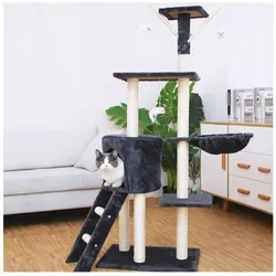 NYVI Katzen Kratzbaum Simba 142 cm Dunkelgrau - Deluxe Katzenbaum mit Katzenhöhle, Spielzeug, Plattform, Sisal Kratzsäule und Hängematte