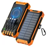 Wireless Solar Powerbank 26800mAh mit 4 Kabeln, Powerbank USB-C Input/Output 15W Schnellladung 6 Ausgänge 3 Eingänge für Handy Tablette und mehr, Outdoor Externer Akku mit Taschenlampen (Orange)