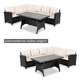 CASARIA Polyrattan Lounge-Set Schwarz/Creme WPC Tischplatte