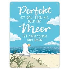 speecheese Möwe am Strand Metallschild XL in 21x28 cm mit Spruch Leben am Meer fast perfekt Norden Ankerplatz Urlaub Reise Küstenkind Küste Strandurlaub