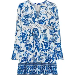 Longbluse, mit Spitzeneinsätzen, Tunika, Blusenkleid, Strandmode, Gr. 40/42, creme-blau bedruckt, , 21924656-40
