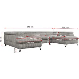 MKS Meble Ecksofa U-form Cord 3-Sitzer Hellgrau