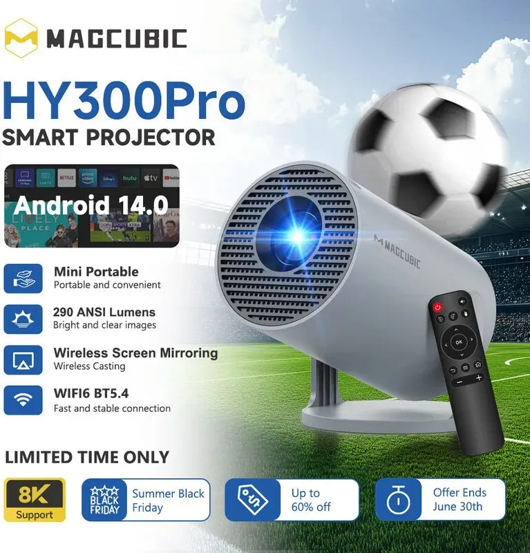 【Lite Entertainment】MAGCUBIC Mini-Beamer 8K 1080P, mit WiFi 6 & Bluetooth 5.4, 290 ANSI Lumen, Android 14, automatische Trapezkorrektur, 180°-Drehung, tragbarer Beamer für Heimkino & Outdoor-Filme, HY300Pro, Grau