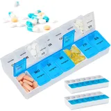 Relaxdays Tablettenbox im 3er Set, 7 Tage, 2 Fächer, morgens & abends, wöchentliche Pillendose für unterwegs, weiß/blau
