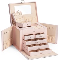 AdelDream Schmuckkasten Schmuckkoffer groß abschließbar 5 Ebenen mit 5 Schubladen mit Spiegel für Ringe Ohrringe Halsketten und Armbänder elegant und klassisch Rosa3
