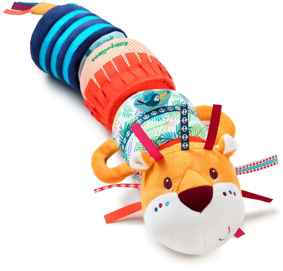 Lilliputiens Löwe Jack Aktivitätstier 4-in-1 Rasselspielzeug 38 cm Polyester Gelb/Rot/Blau – Maschinenwaschbar, Sensorik