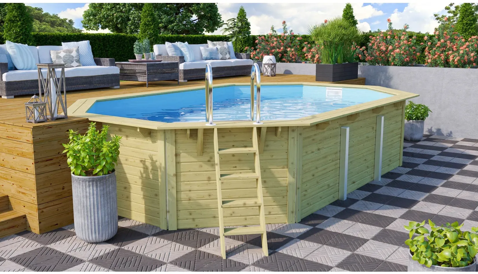 CHILLROI   Achteckiger Massivholz Pool länglich, 358 x 569 x 124 cm, Modell 4   Inkl. Zubehör und Pool Leitern