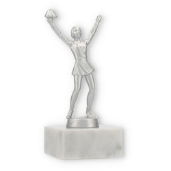 Pokal Metallfigur Cheerleader silbermetallic auf weißem Marmorsockel 15,3cm