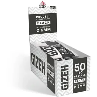 GIZEH ProCell BLACK Active Filter - Aktivkohlefilter slim 6 mm Durchmesser mit innovativen Papierkappen - Filter mit 27 mm Länge im 10er Pack á 60 Filter