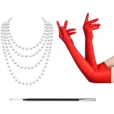 MIVAIUN 3 Stück 1920 Zubehör Set, Flapper Great Gatsby Accessoires Set, Great Gatsby Zubehör für Frauen, 1920s Charleston Gatsby Retro Kostüm, 20er Jahre Accessoires, Perlen Kette (Rot)