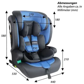 XOMAX Kindersitz ISOFIX I mitwachsend I 9-36 kg, 15 Monate - 12 Jahre, Gruppe 1/2/3 I 5-Punkt-Gurt und 3-Punkt-Gurt I Bezug abnehmbar und waschbar I ECE R129 I anthrazit-blau