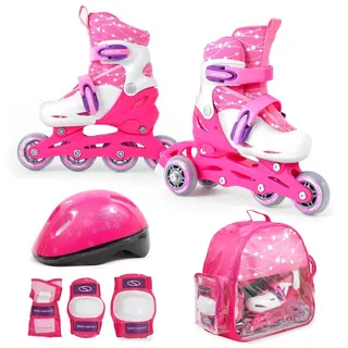 SMJ Sport SMJ Kinder Mädchen Set 2in1 Inliner Rollschuhe VERSTELLBAR Inline Skates mit LED Rollen + Schonerset + Helm + Tasche (26-29)