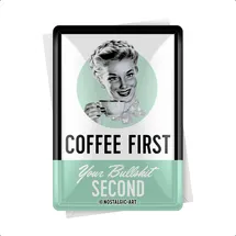 Nostalgic-Art Retro Blechpostkarte, 10 x 14 cm, Coffee First – Geschenk-Idee für Kaffee-Fans, Postkarte aus Metall, Mini-Blechschild als Grußkarte, Kaffee-Deko