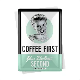 Nostalgic-Art Retro Blechpostkarte, 10 x 14 cm, Coffee First – Geschenk-Idee für Kaffee-Fans, Postkarte aus Metall, Mini-Blechschild als Grußkarte, Kaffee-Deko