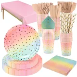 CEILIWEN Einweg-Partygeschirr-Set, 22,9 cm und 17,8 cm, Pappteller, Tasse, Serviette, Strohhalm, Holzbesteck (Messer/Gabel/Löffel), 201-teilig (Regenbogenfarbe)