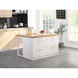 Kücheninsel mit 6 Schubladen aus MDF & Metall - Weiß & Holzfarben hell - ALEGRITA