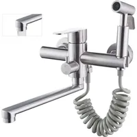 Wasserhahn Küche Wandmontage, Wandarmatur Küche mit Spritzpistole und 2 Wassersprüharten, 360° Drehbare Küchenarmatur Wandmontage(gebürstetes Nickel)