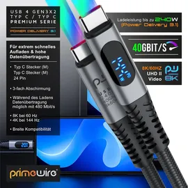 Primewire Thunderbolt 3 Kabel, USB 4 Typ C, USB-Kabel, USB-C, (150 cm), Gen 3x2-100 Watt Ladekabel / Datenkabel 40 Gbit/s mit Display, 1,5m