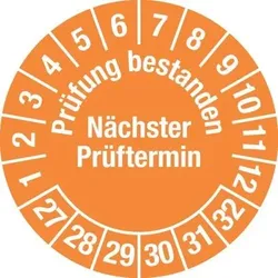 Prüfplakette "Prüfung best./Näch. Termin", 27 - 32, grün, Folie, SK, 30 mm, VE = 5 Bogen à 15 Stück