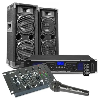 MAX26 PA Anlage Komplett Set, 1200 Watt DJ Boxen Set Lautsprecher mit Verstärker, Mischpult und Mikrofone, Lautsprecherset, Karaoke Set, Mischpult mit Boxen, PA Komplett Set - Schwarz