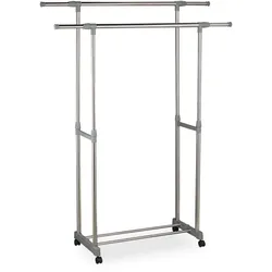 Relaxdays Kleiderständer mit 2 Kleiderstangen, Garderobe auf Rollen, verstellbar: Höhe 95-165cm, Breite 94-160cm, silber