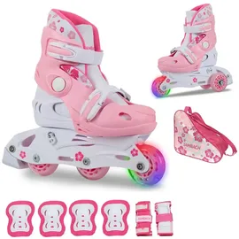 Jambach Kinder Inliner Set mit Protektoren verstellbar zum Rollschuh mit LED (Rosa, S (30-33))