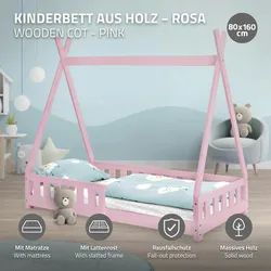 Kinderbett+Matratze Rausfallschutz Tipi Bett Hausbett Kiefernholz Rosa 80x160 cm