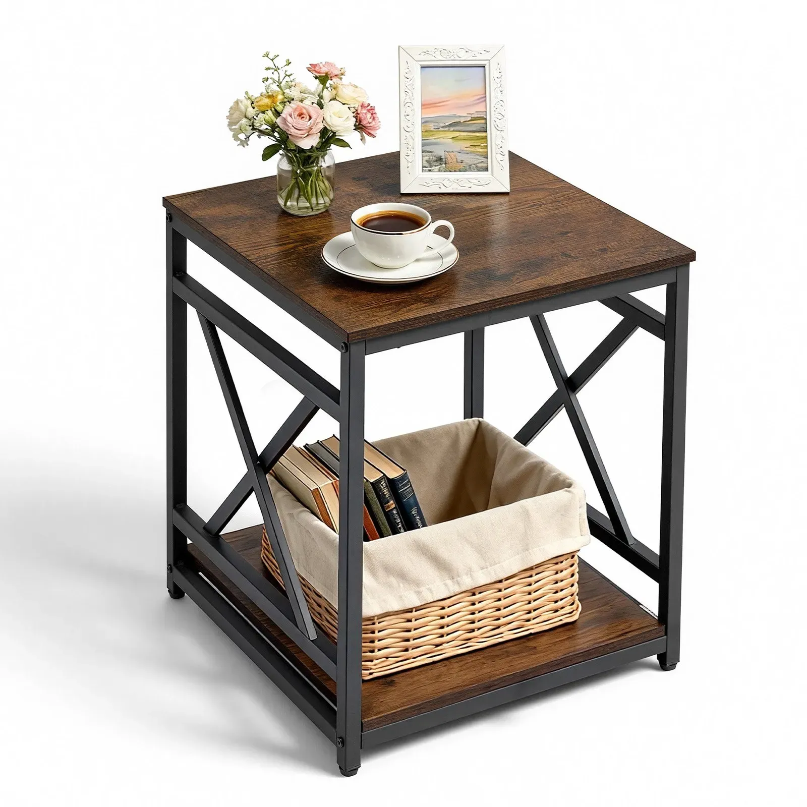 VEVOR Beistelltisch 2-stufiger Nachttisch mit Offenen Ablagefächern, Moderner Nachttisch mit X-förmigem Metallgestell, Couchtisch aus Holz für Wohnzimmer Schlafzimmer Büro, Braun Schwarz
