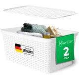 Novaliv 2er Set Eleganter Aufbewahrungskorb mit Deckel in Rattan-Optik | Weiß Lebensmittelecht Kunststoff 14L – Perfekt für Bad & Kleidungsaufb...