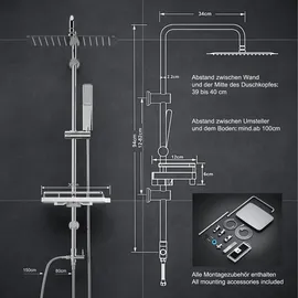 Görbach Regendusche Duschset Duschsystem mit Ablage Chrom Duschstangeset ohne Duscharmatur mit Kopfbrause 35x25cm