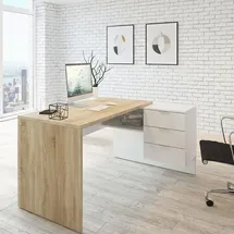 Dmora Schreibtisch Dfagg, Wendeschreibtisch mit Kommode, Eckstudie oder Büro-PC-Tisch, 145x108h73 cm, Eiche und Weiß - Dmora