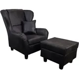 luma-home Ohrensessel mit Hocker Leder 90 x 98 x 76 cm Schwarz
