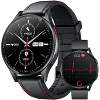 Smartwatch Herren mit EKG HRV Blutdruck: Smart Watch Uhr 1,43" Rund AMOLED Schwarz Lederarmband ECG Armbanduhr Wasserdicht Herzfrequenz Schlafen Schrittzähler Telefonfunktion Fitnessuhr Android iOS