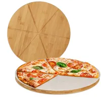 Relaxdays 4 x Pizzabrett Bambus, runde Pizzateller 33 cm