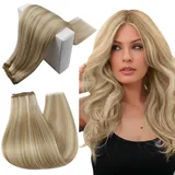RUNATURE Tressen Echthaar Blond Highlight 45cm Menschliches Haar 100g Echthaar Tressen Zum Einnähen Aschblond mit Platinblond Echthaar Tressen Extensions Glatt #18P60