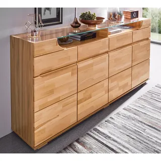 Home Affaire Sideboard »Vetro,200cm breit,40 cm tief,4 Schubladen Oberplatte aus Glas«, Kernbuche massiv, Holzwerkstoff, 4Türen,4 Schubladen, Griffmulden,