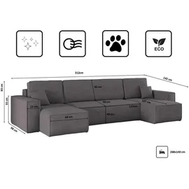 kaiser möbel Kaiser Möbel, Ecksofa mit schlaffunktion, mit Bettkasten, Schlafsofa Best, Designer U-Form Sofa, Modern Design Couch, Polsterecke, Freistehend -Dicker Cord, Grau
