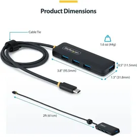 Startech StarTech.com 4-Port USB-C Hub, USB 3.0, 5Gbps, busbetrieben, Mini USB-Verteiler mit 61cm Kabel, USB-C zu 4x USB-A Splitter