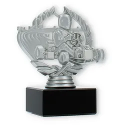 Pokal Kunststofffigur Go-Kart im Kranz silbermetallic auf schwarzem Marmorsockel 12,5cm