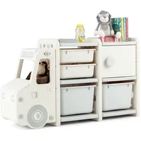 Costway Spielzeugregal, 2 Ebenen Kinderregal mit Schrank und Aufbewahrungsboxen, Bücherregal für Kinder, Kinderzimmer Regal für Spielzeug Aufbewahrung, 110 x 32 x 66 cm (Auto, Beige)