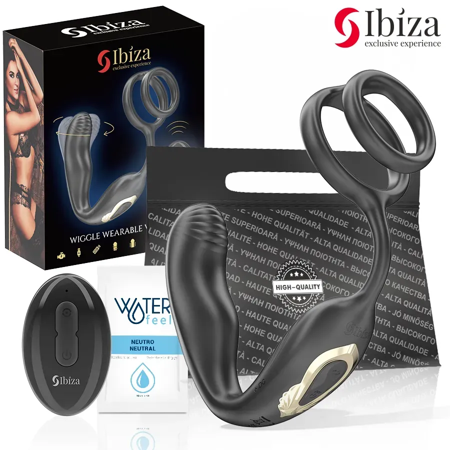 IBIZA - WIGGLE FERNGESTEUERTER ROTIERENDER ANALSTECKER MIT DAMMVIBRATION UND PENISVERGRÖSSERUNGSRINGEN