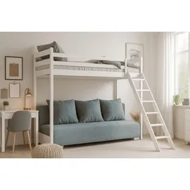 dein schlaf 24 Etagenbett Jugendbett Couch SIDNEY 90x200/140x200 mit Schlaffunktion Couch in Cord Samt inkl 3 große Kissen Weiss Grau Funktionsbett aus Kiefernholz - Weiß/Grau