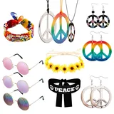 12 Stück Hippie Accessoires Damen, 70er Jahre Accessoires, Hippie Kostüm Damen, Hippie Kleidung Damen mit Hippie Brille, Hippie Stirnband, Peace Kette und Ohrring, 60er 70er Jahre Bekleidung Damen