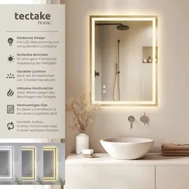 Tectake tectake® Rechteckiger LED Spiegel mit Touchschalter, 3 Lichtfarben Dimmbar,