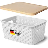 Novaliv Aufbewahrungsbox mit Holzdeckel Klein 5L Korb Weiß in Rattan Design Lebensmittelecht Aufbewahrungskorb Stapelbox Nestbar Kunststoff BPA-frei Kiste Verstaubbox mit Deckel