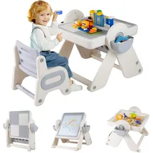 Fantask COSTWAY 6-in-1 Kinder-Tisch & Stuhl Set, mit Tischplatte, Stifteschlitz, Körben, & Bücherregal, Spieltisch für Kinder ab 18 Monaten - Grau/Beige