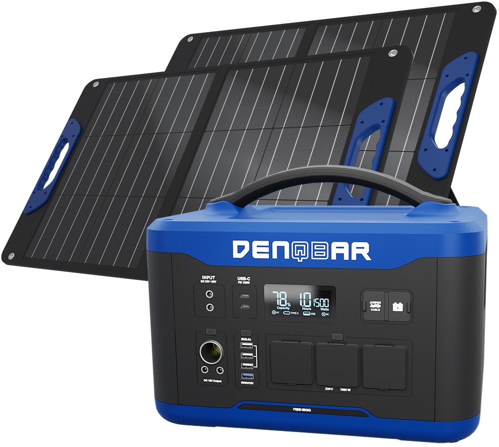 DENQBAR 3000 W Solargenerator mit 2x 100 W Solarpanel, 1408Wh tragbare Powerstation mit 230V