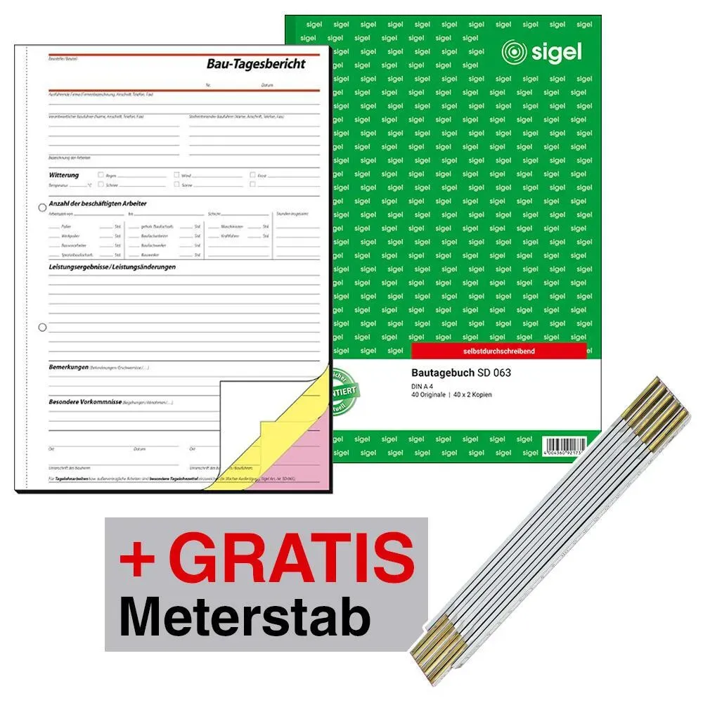 SIGEL Formularbücher Bautagebuch SD063 DIN A4 + GRATIS 1 Meterstab