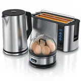 Arendo Frühstücksset 3-teilig, 1,5l Wasserkocher, 4-Scheiben Langschlitz Toaster, 7er Eierkocher, Silber